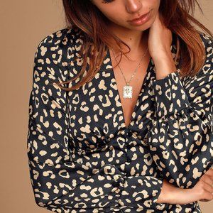 LuLu's Black Leopard Print Satin Button-Up NWT